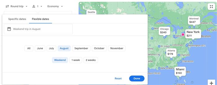 Google Flight Screenshot отображает гибкие параметры даты.