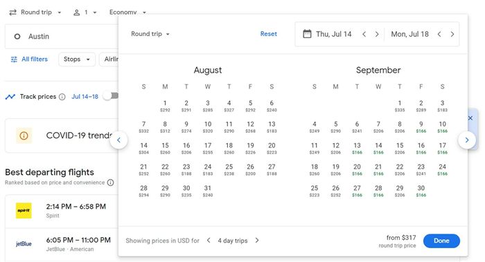 Двухмесячный календарный дисплей с экраном поиска полета Google от Остина в Нью -Йорк.