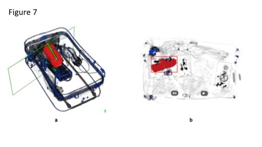 Рисунок 7: Пояснительный рисунок 3D HBS. а) Повернутое 3D-изображение. б) Изображение в поперечном сечении. Красный цвет указывает на часть сумки, где может быть взрывчатка.